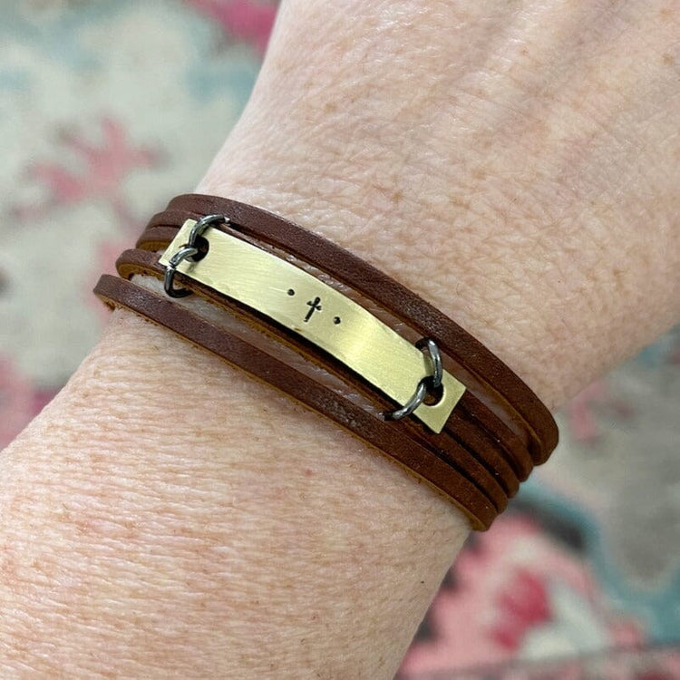 Natural Brown Image of CROSS Mini Leather Wrap Bracelet | Brass Bar | Stack Set | Women Teens | Adjustable Leather Wrap Create Hope Cuffs Mini Wrap ONLY 