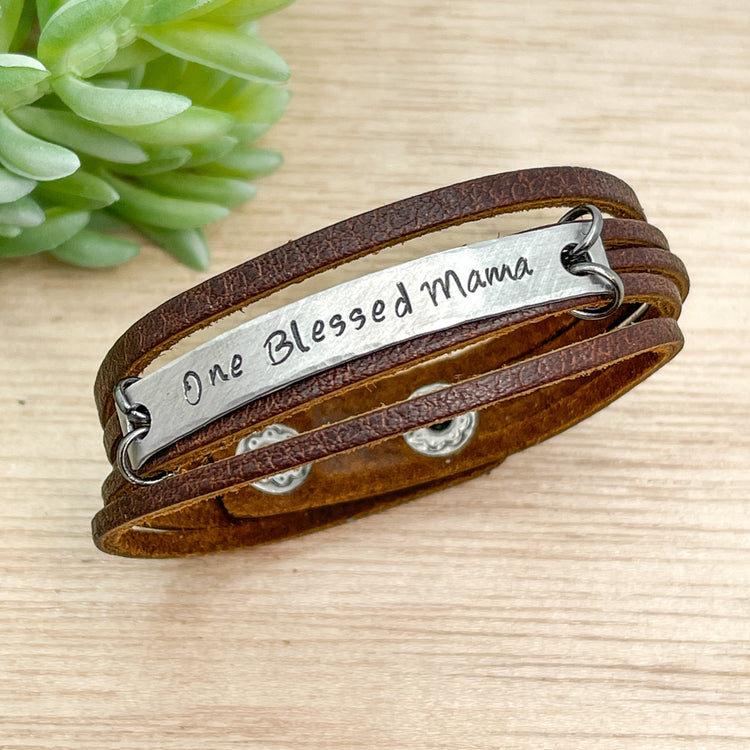 Natural Brown ONE BLESSED MAMA Mini Leather Wrap Bracelet | Women Teens | Adjustable Leather Wrap Create Hope Cuffs 