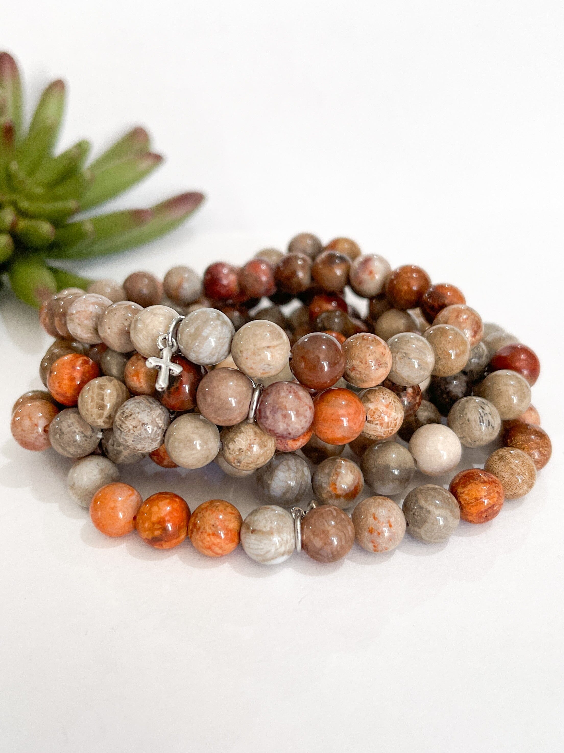Natural Coral Fossil Bead Bracelet | Tiny Cross Charm |8mm | Natural Gemstone | Womens Bracelets Create Hope Cuffs 