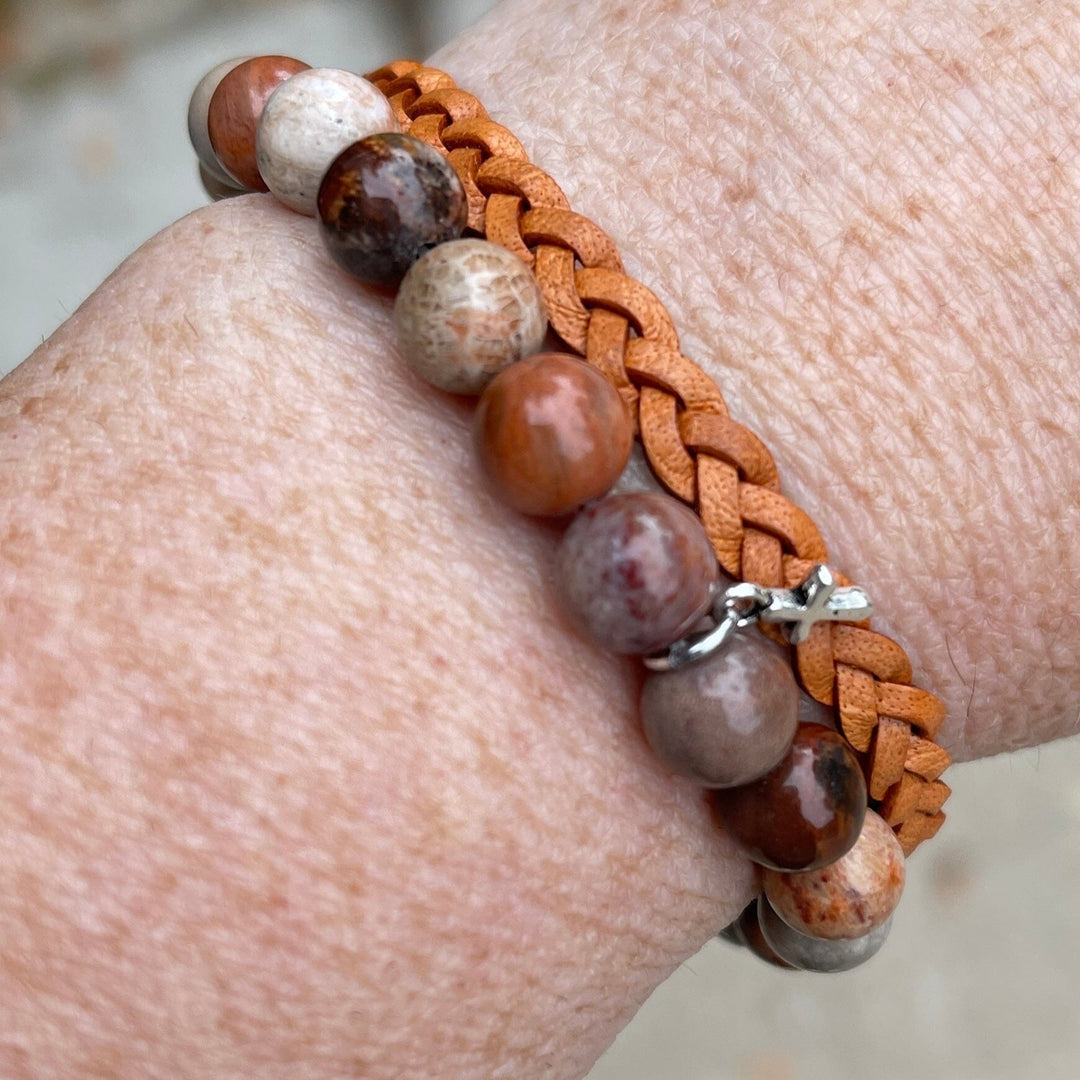 Natural Coral Fossil Bead Bracelet | Tiny Cross Charm |8mm | Natural Gemstone | Womens Bracelets Create Hope Cuffs 