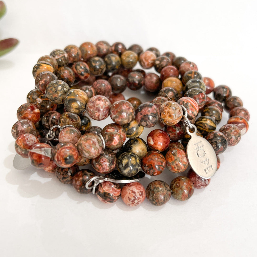 Natural Coral Leopard Bead Bracelet | HOPE Charm |8mm | Natural Gemstone | Womens Bracelets Create Hope Cuffs 
