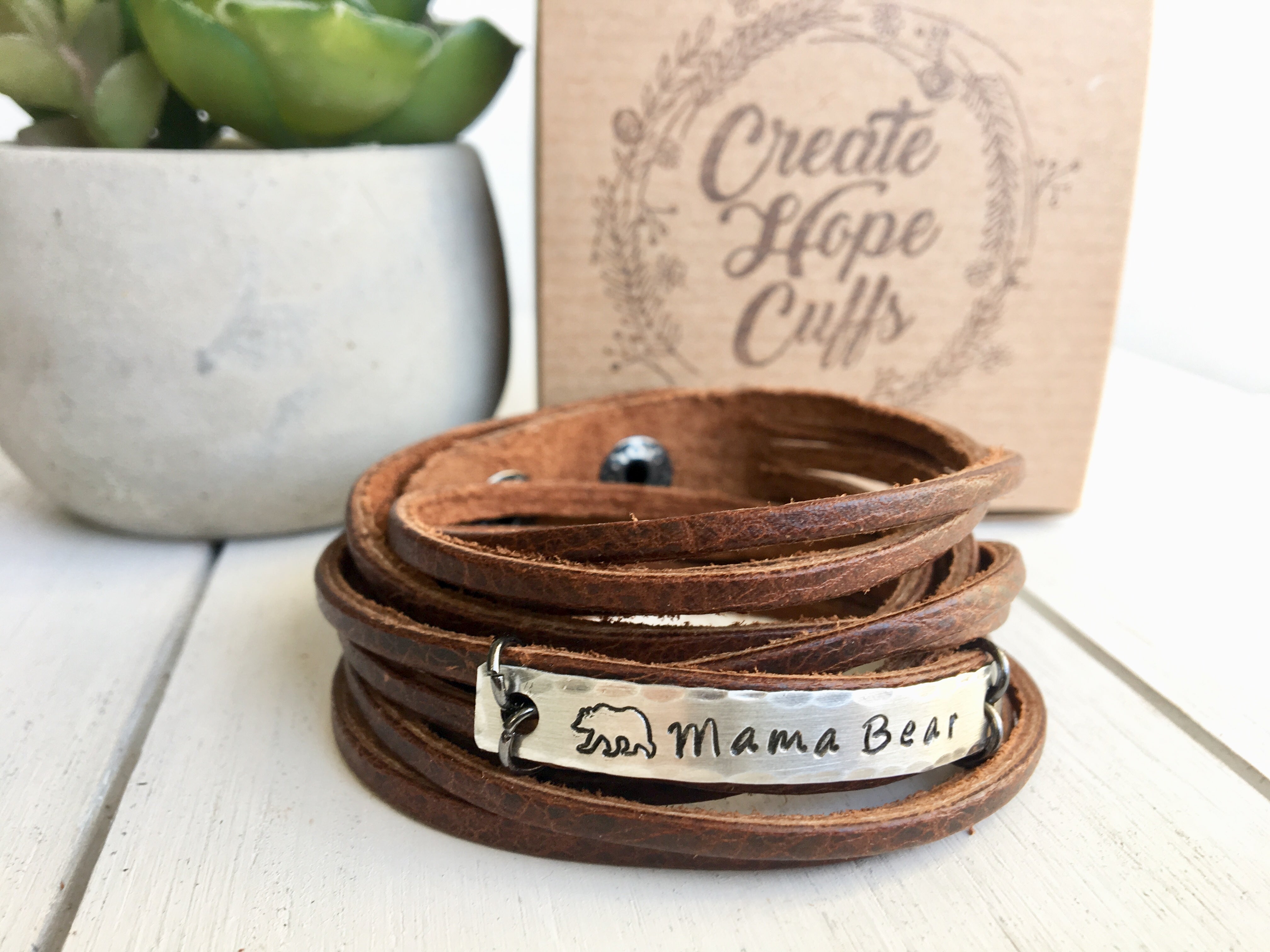 Natural 'Mama Bear' Leather Wrap & Silver Bar Bracelet, adjustable Leather Wrap Create Hope Cuffs 