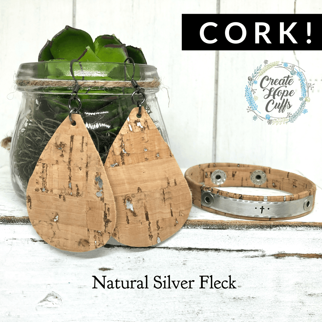 Natural Silver Fleck CORK Earrings, Vegan, Eco-Friendly, Large Petal or Teardrop, 3” Cork Earrings Create Hope Cuffs 