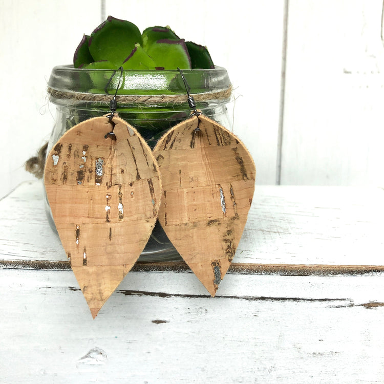Natural Silver Fleck CORK Earrings, Vegan, Eco-Friendly, Large Petal or Teardrop, 3” Cork Earrings Create Hope Cuffs Natural Silver Fleck Petal 