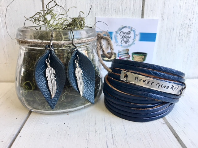 Navy Leather Boho PETITE or LARGE Petal Earrings, Choose your Charm, Essential Oil Diffusers Leather Earrings Create Hope Cuffs 