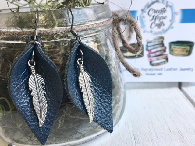 Navy Leather Boho PETITE or LARGE Petal Earrings, Choose your Charm, Essential Oil Diffusers Leather Earrings Create Hope Cuffs Antiqued Silver Feather (petite only) 