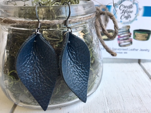 Navy Leather Boho PETITE or LARGE Petal Earrings, Choose your Charm, Essential Oil Diffusers Leather Earrings Create Hope Cuffs PETITE - NO CHARM 