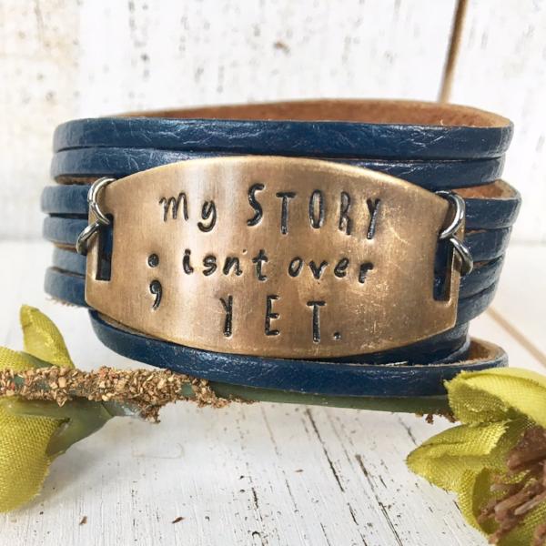 Navy 'My Story' Leather Wrap & Bronze Shield Bracelet, adjustable Leather Wrap Create Hope Cuffs 