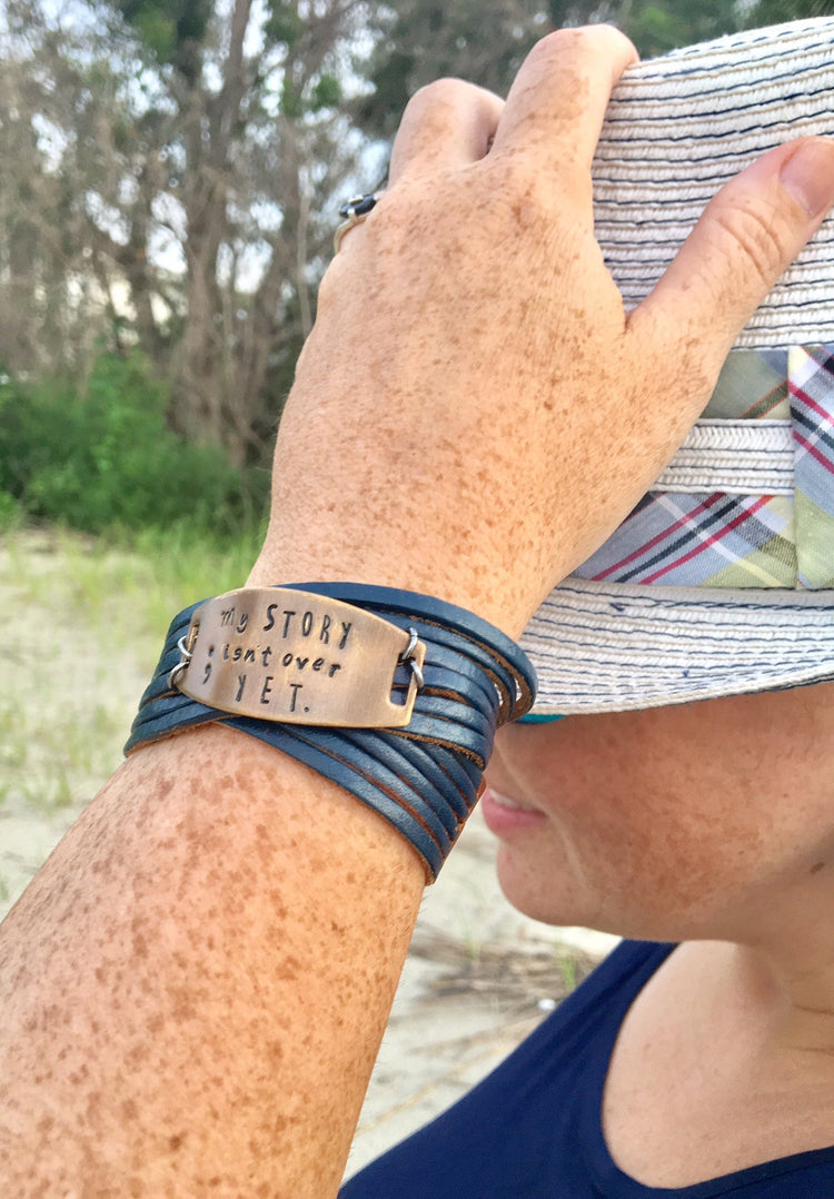 Navy 'My Story' Leather Wrap & Bronze Shield Bracelet, adjustable Leather Wrap Create Hope Cuffs 