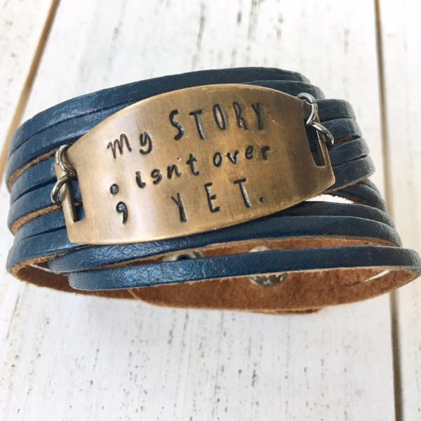 Navy 'My Story' Leather Wrap & Bronze Shield Bracelet, adjustable Leather Wrap Create Hope Cuffs Bronze Shield My story isn't over yet 
