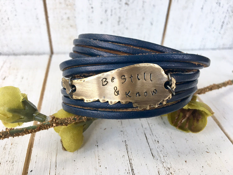 Navy 'My Story' Leather Wrap & Bronze Shield Bracelet, adjustable Leather Wrap Create Hope Cuffs Bronze Wing Create Hope wherever you go 