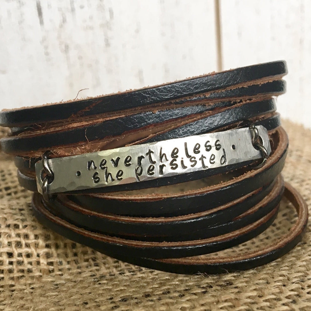 Nevertheless She Persisted Black Leather Silver Bar Wrap Bracelet, adjustable Leather Wrap Create Hope Cuffs 