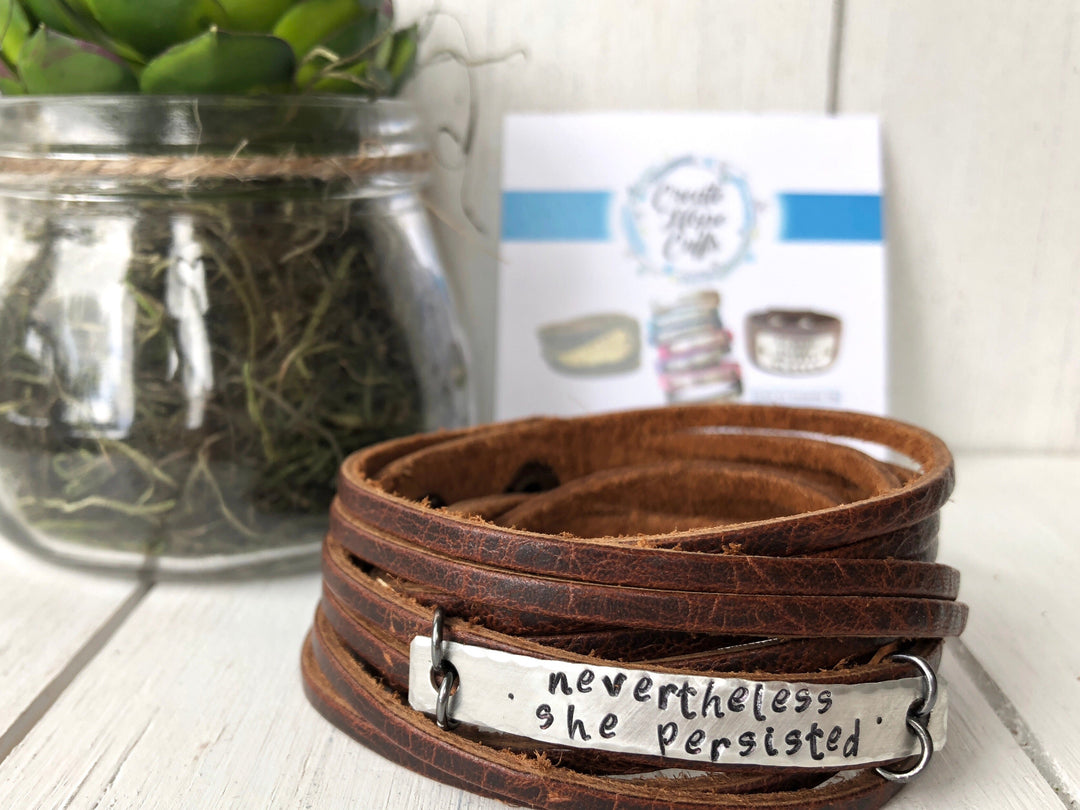 Nevertheless She Persisted Brown Leather Silver Bar Wrap Bracelet, adjustable Leather Wrap Create Hope Cuffs 