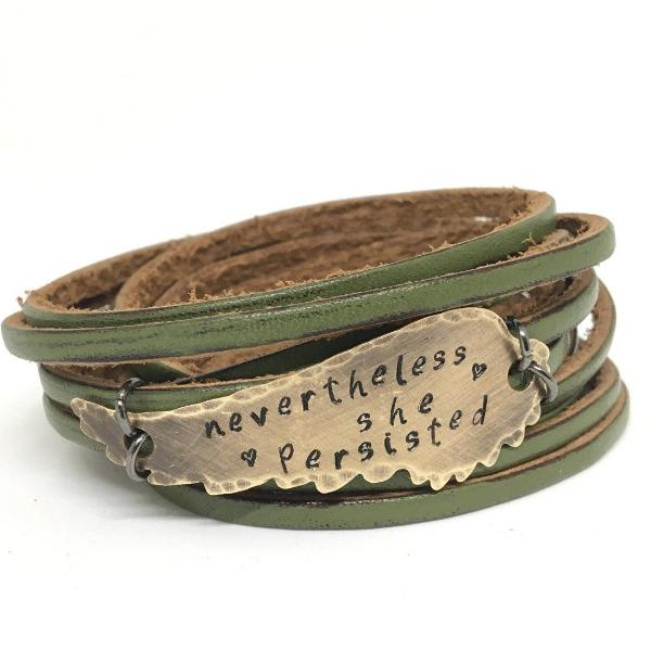 Nevertheless She Persisted Olive Green Leather & Bronze Angel Wing Wrap Bracelet, adjustable Leather Wrap Create Hope Cuffs 
