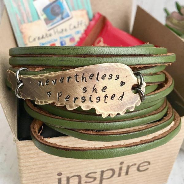 Nevertheless She Persisted Olive Green Leather & Bronze Angel Wing Wrap Bracelet, adjustable Leather Wrap Create Hope Cuffs Olive Green 
