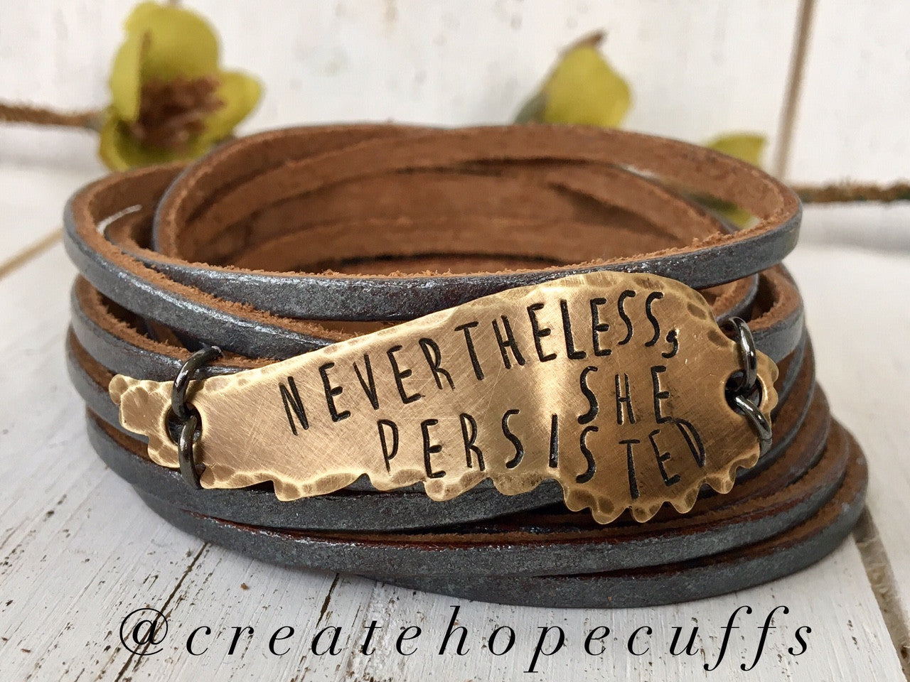 Nevertheless She Persisted Pewter Leather & Angel Wing Wrap Bracelet, adjustable Leather Wrap Create Hope Cuffs 