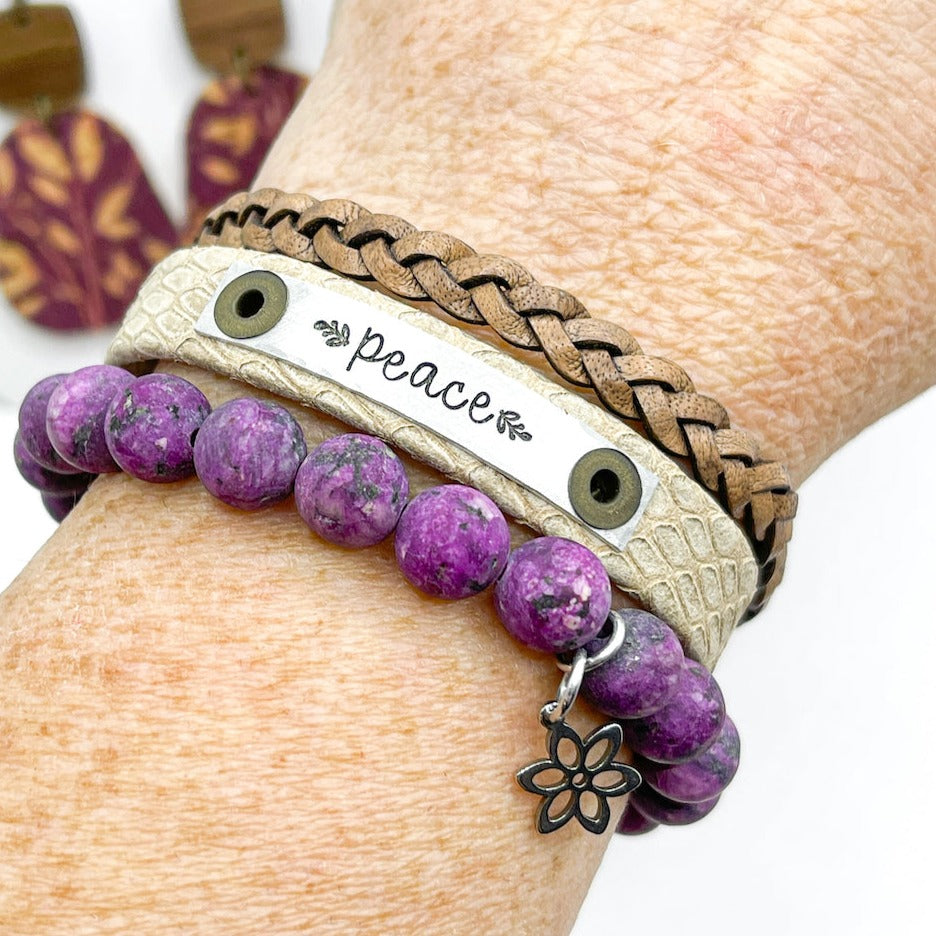 Nordic Beige PEACE Stack | Skinny Set | Leather Bracelets | Womens Skinny Bracelets Create Hope Cuffs 