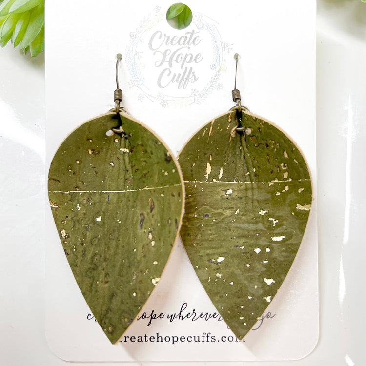 Olive Gold Fleck CORK Earrings, Vegan, Eco-Friendly Cork Earrings Create Hope Cuffs 