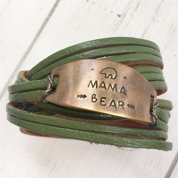 Olive Green Leather 'Mama Bear' Wrap & Bronze Shield Bracelet, adjustable Leather Wrap Create Hope Cuffs 