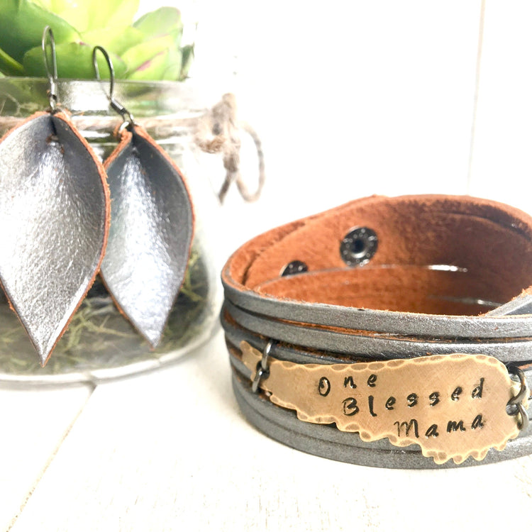 ONE BLESSED MAMA Pewter Leather & Angel Wing Double Wrap Bracelet | Adjustable Leather Wrap Create Hope Cuffs 