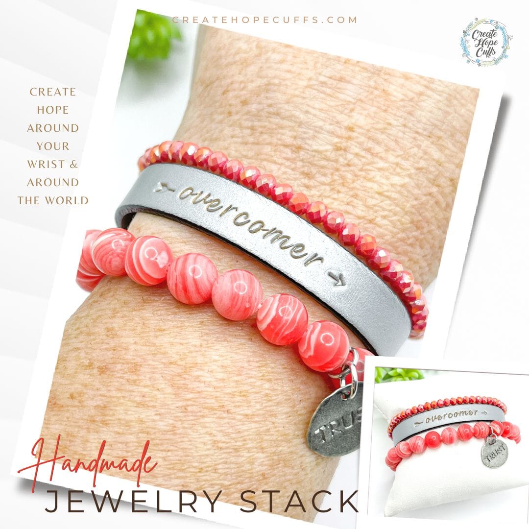 OVERCOMER Coral Stack | Skinny Set | Leather Bracelets | Womens Skinny Bracelets Create Hope Cuffs 