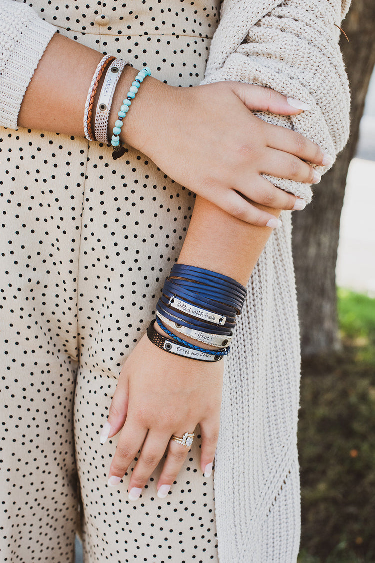 OVERCOMER Leather Double Wrap | Silver Bar Bracelet | Adjustable Leather Wrap Create Hope Cuffs 