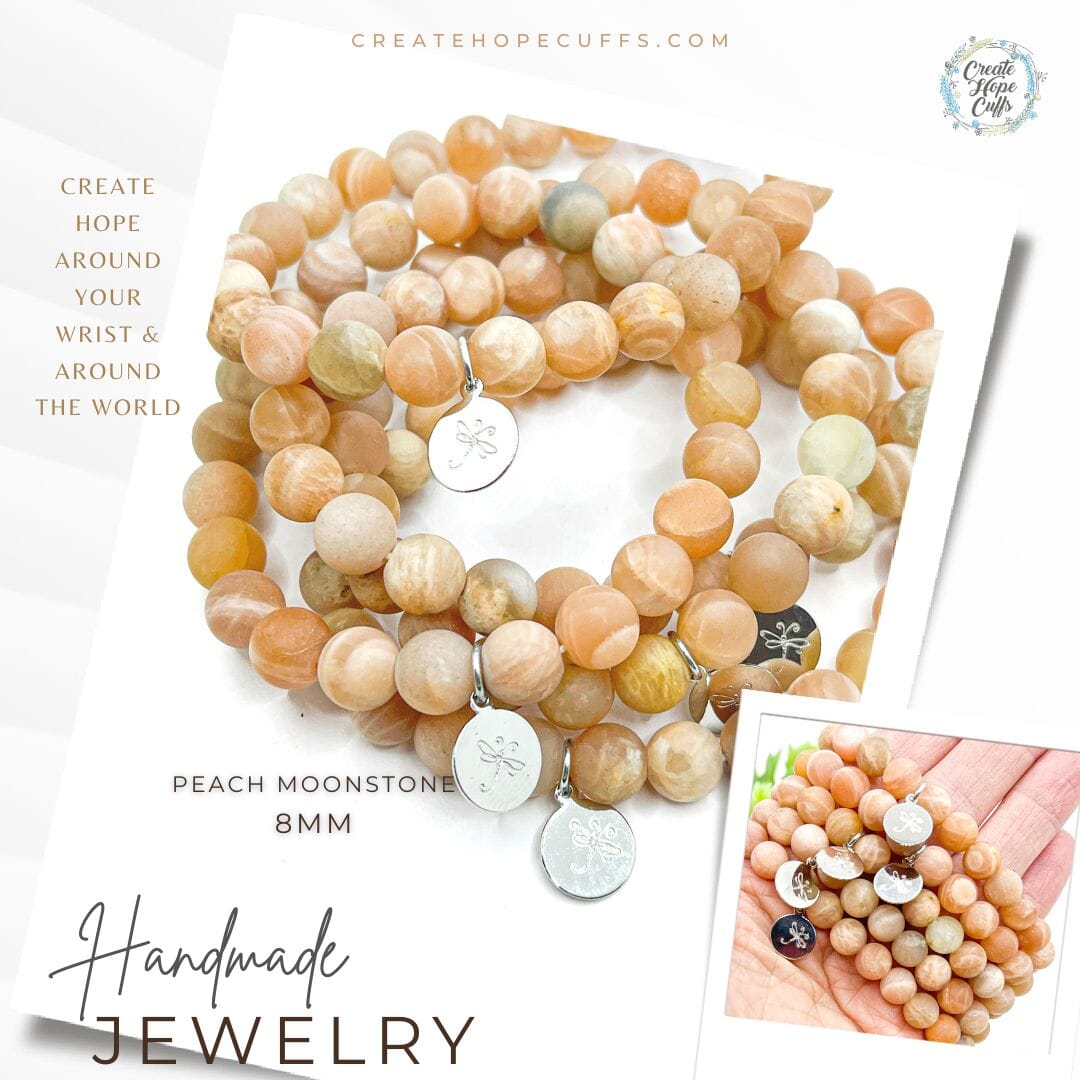 Peach Moonstone DRAGONFLY Bead Bracelet | 8mm | Natural Stone | Womens Bracelets Create Hope Cuffs 
