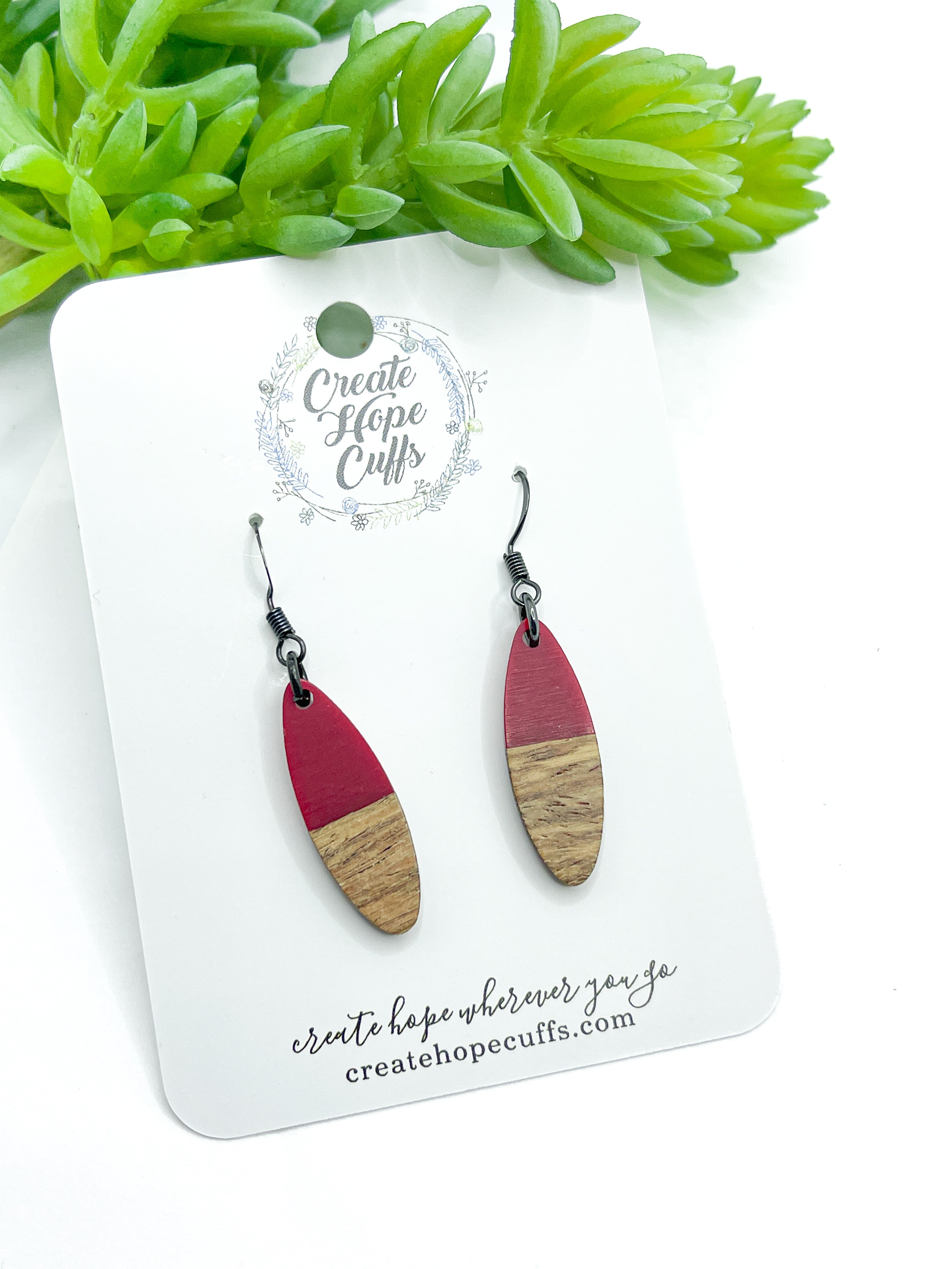 Petite Red Oval Resin & Wood Earrings, hypoallergenic Wood Earrings Create Hope Cuffs 