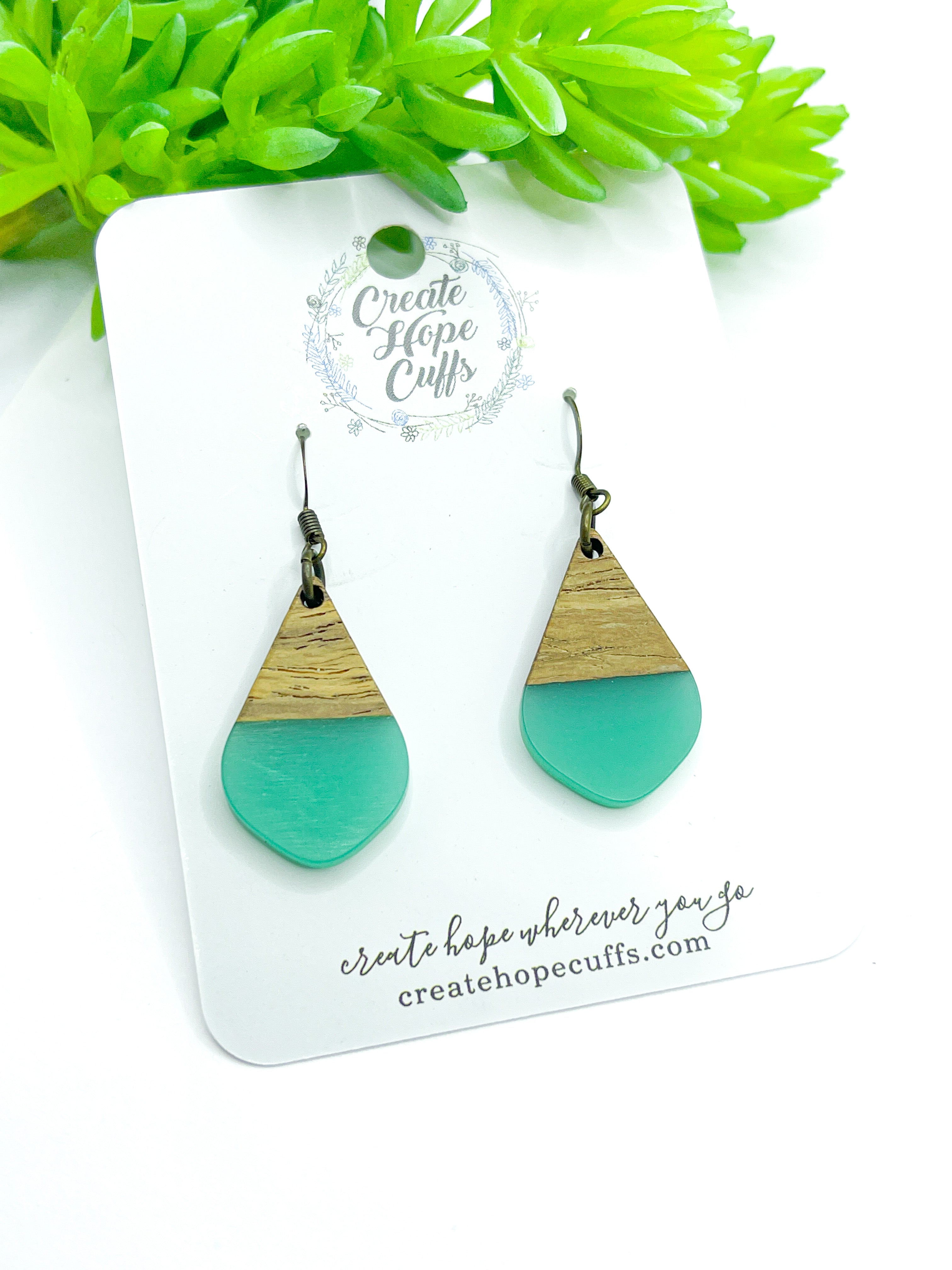 Petite Turquoise Gumdrop Resin & Wood Earrings, hypoallergenic Wood Earrings Create Hope Cuffs 
