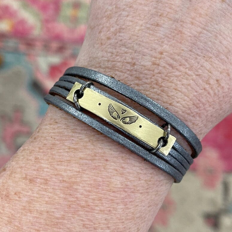 Pewter Leather ANGEL WINGS Mini Wrap Bracelet | Brass Bar | Stack Set | Women Teens | Adjustable Leather Wrap Create Hope Cuffs Mini Wrap ONLY 