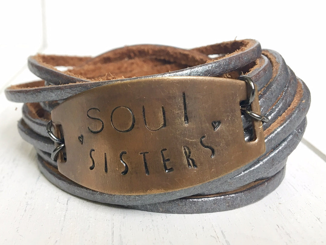 Pewter Leather 'Soul Sisters' Wrap & Bronze Shield Bracelet, adjustable Leather Wrap Create Hope Cuffs 