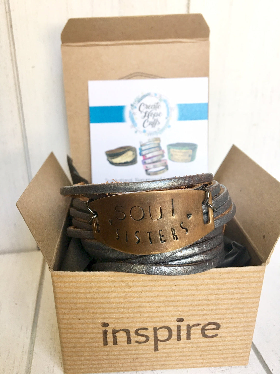 Pewter Leather 'Soul Sisters' Wrap & Bronze Shield Bracelet, adjustable Leather Wrap Create Hope Cuffs 