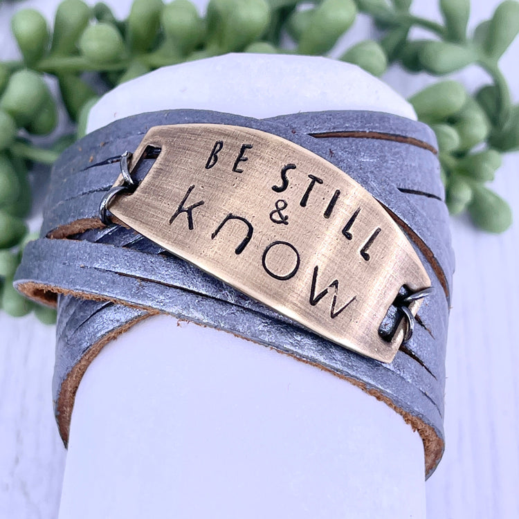 Pewter Leather 'Soul Sisters' Wrap & Bronze Shield Bracelet, adjustable Leather Wrap Create Hope Cuffs Be Still & Know 