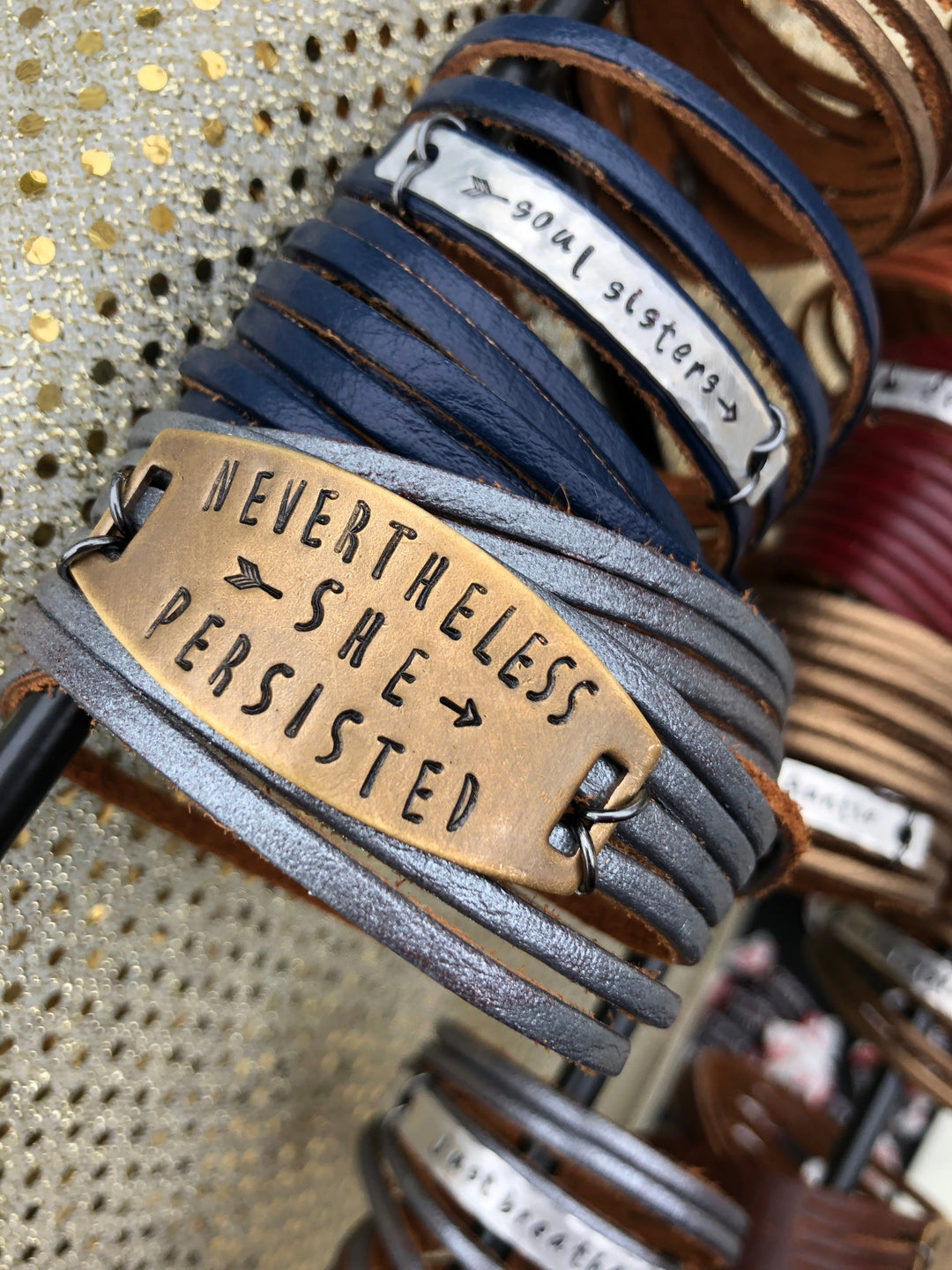 Pewter Leather 'Soul Sisters' Wrap & Bronze Shield Bracelet, adjustable Leather Wrap Create Hope Cuffs nevertheless she persisted 
