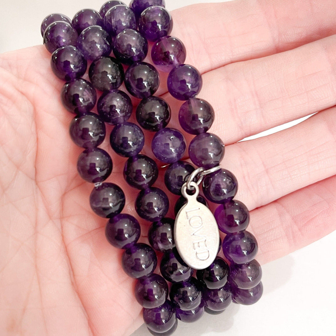 Purple Amethyst Bead Bracelet | LOVED Charm | 8mm | Natural Gemstone | Womens Bracelets Create Hope Cuffs 