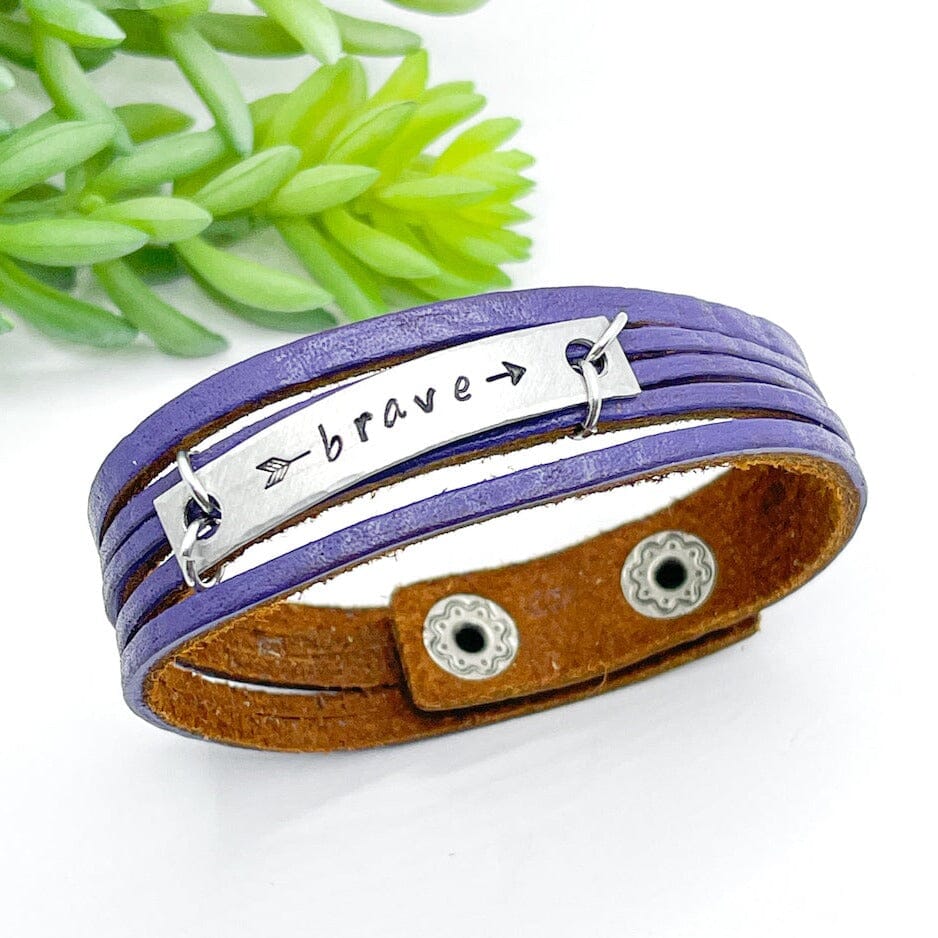 Purple | BRAVE | Mini Leather Wrap Bracelet | Women | Adjustable Leather Wrap Create Hope Cuffs 