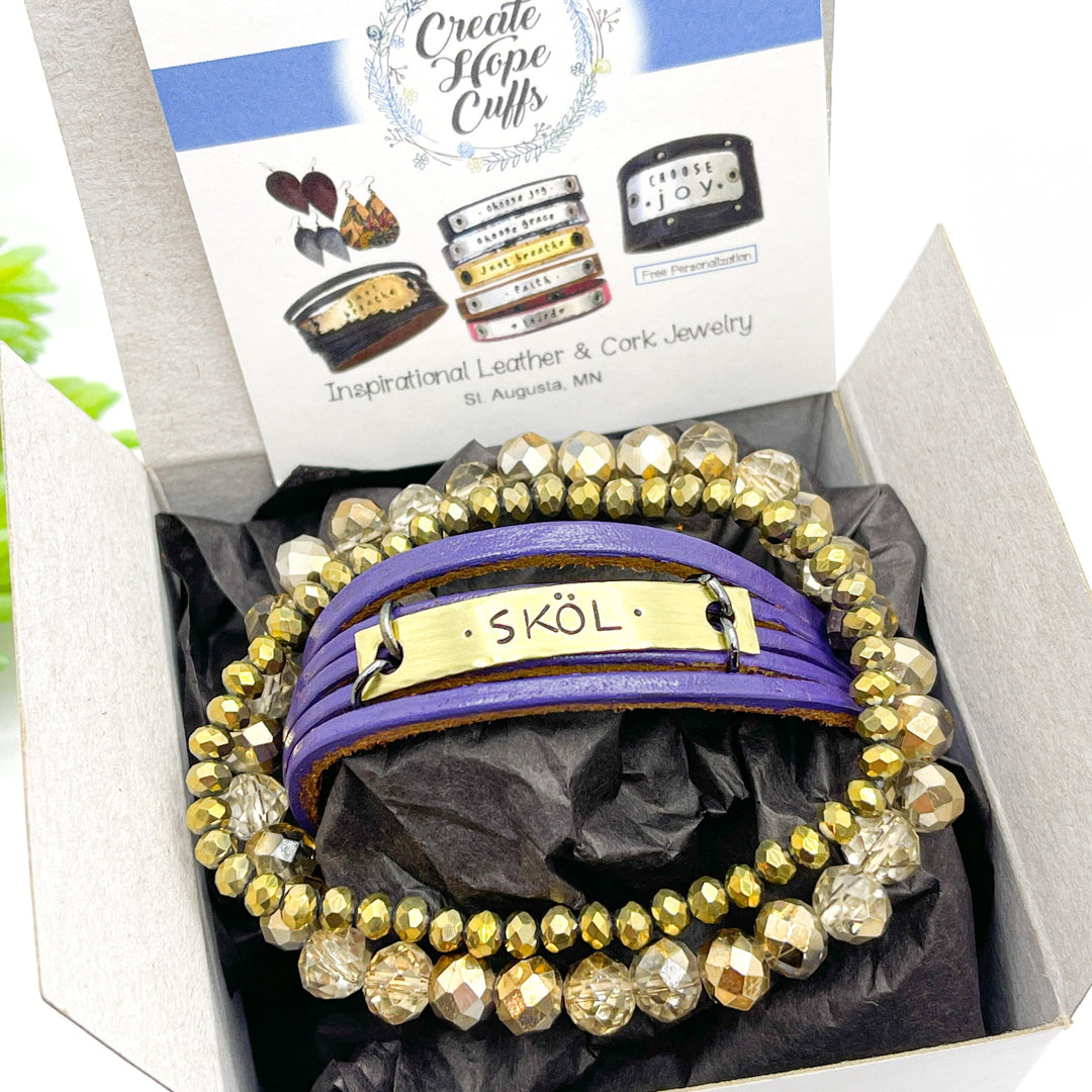 Purple SKOL | Vikings Football | Mini Leather Wrap Bracelet | Women | Adjustable Leather Wrap Create Hope Cuffs 