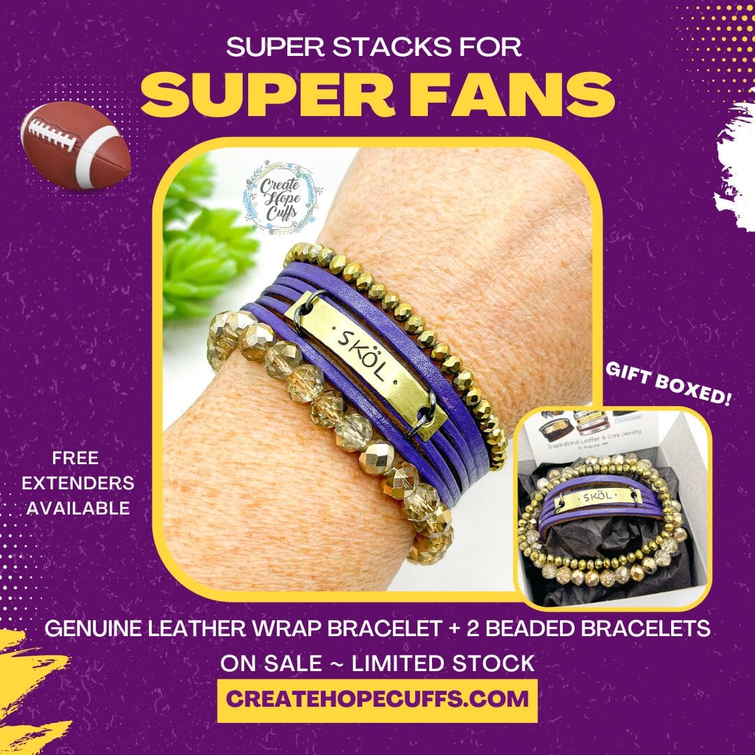 Purple SKOL | Vikings Football | Mini Leather Wrap Stack Bracelets | Women | Adjustable Leather Wrap Create Hope Cuffs 