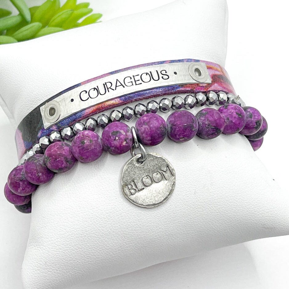 Purple Watercolor COURAGEOUS | Skinny Set | Leather Bracelets | Womens Skinny Bracelets Create Hope Cuffs 