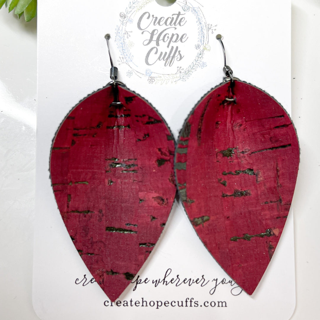 Red, Red Wine CORK Earrings, Vegan, Eco-Friendly Cork Earrings Create Hope Cuffs 