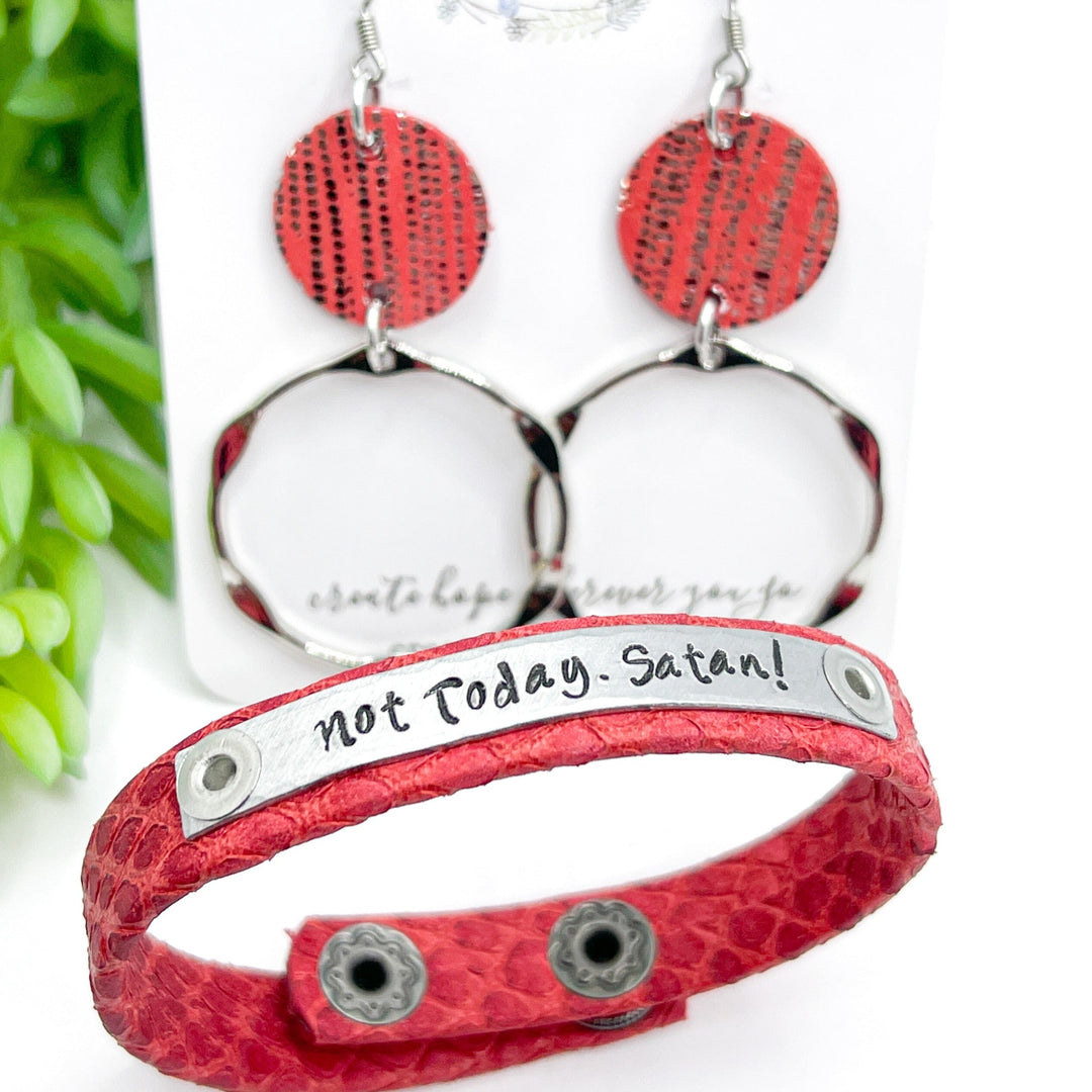 Red Shimmer Leather | Silver Ring Earrings | Stacked | Hypoallergenic | Women Leather Earrings Create Hope Cuffs 