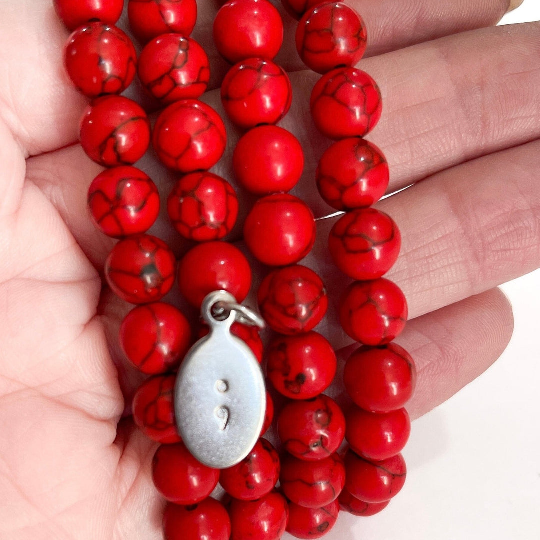 Red Turquoise Bead Bracelet, 8mm, Semi Colon Charm, Natural Stone