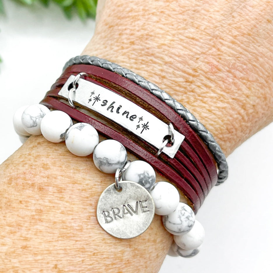 Red & White SHINE Stack | Mini Wrap Set | Leather Bracelets | Womens Skinny Bracelets Create Hope Cuffs 