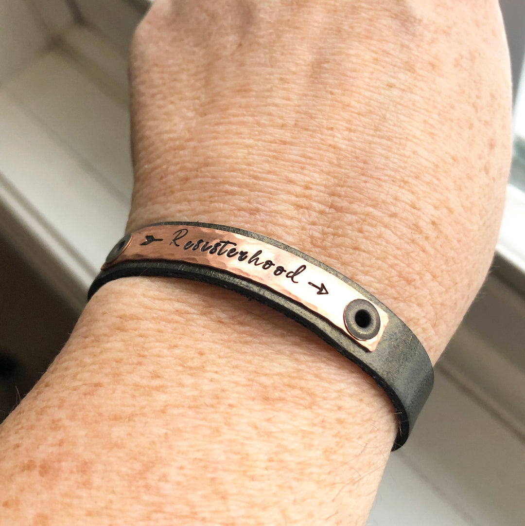 Resisterhood Metallic Leather Skinny Bracelets, Jen Hatmaker Collection, Hope Swag, 4 colors Skinny Bracelets Create Hope Cuffs Metallic Bronze & Copper Plate 
