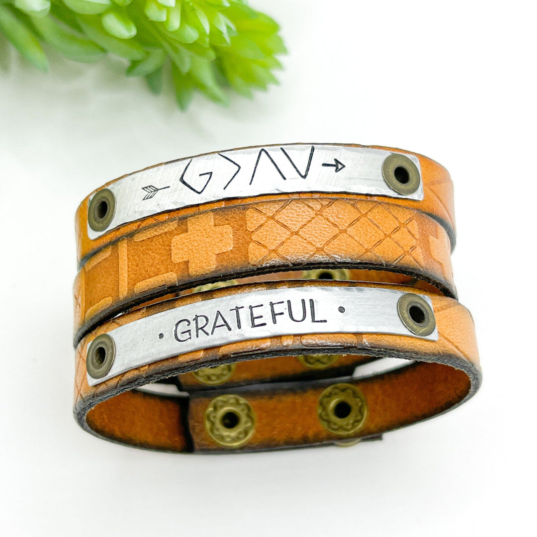 Santa Fe Tan | GRATEFUL | Leather Skinny Bracelet | Adjustable Skinny Bracelets Create Hope Cuffs 