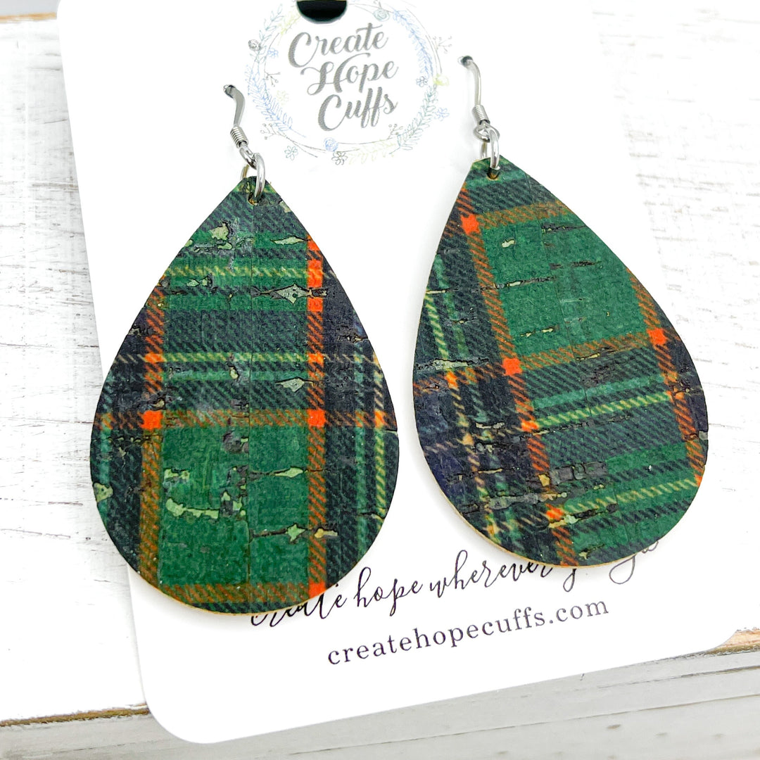 Scottish Green Plaid Leather Earrings | Teardrop | Hypoallergenic | Women Leather Earrings Create Hope Cuffs 