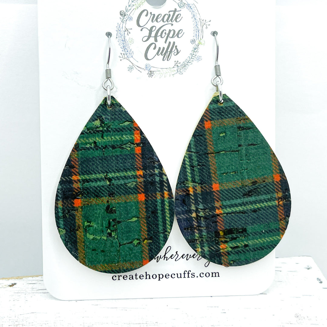 Scottish Green Plaid Leather Earrings | Teardrop | Hypoallergenic | Women Leather Earrings Create Hope Cuffs 