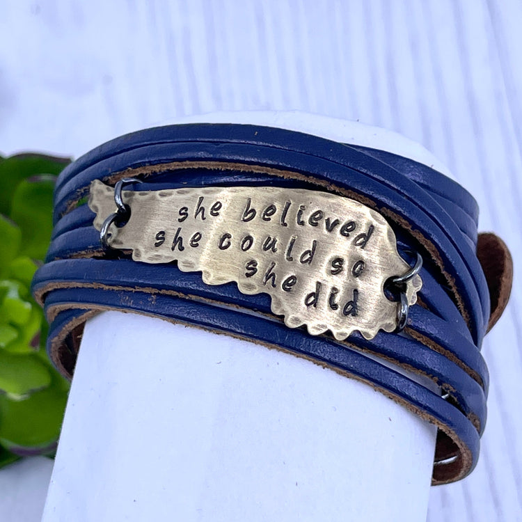 She Believed She Could Leather Wrap & Wing Bracelet, adjustable, Choose Your Color Leather Wrap Create Hope Cuffs 