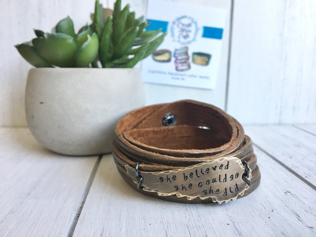 She Believed She Could Leather Wrap & Wing Bracelet, adjustable, Choose Your Color Leather Wrap Create Hope Cuffs Metallic Bronze 