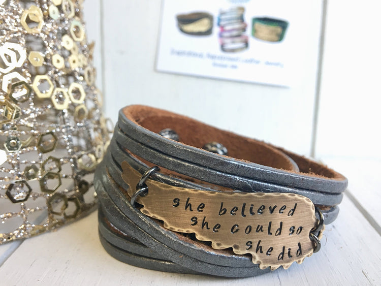 She Believed She Could Leather Wrap & Wing Bracelet, adjustable, Choose Your Color Leather Wrap Create Hope Cuffs Metallic Pewter 